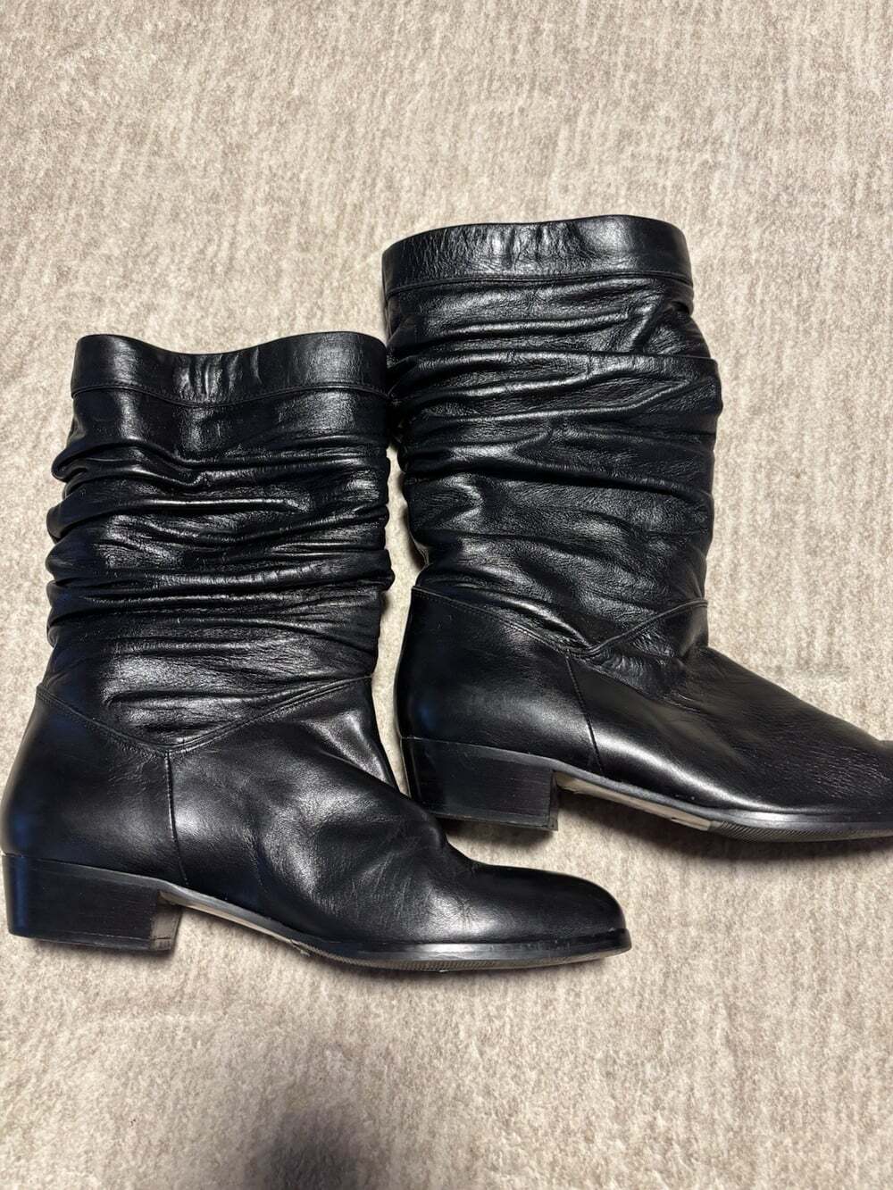 Vintage BALLY 7 37 Italy Black Leather Slouch Boots Mid-Calf Block Heel Women's